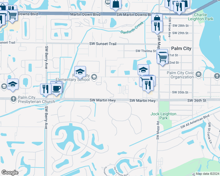 map of restaurants, bars, coffee shops, grocery stores, and more near 3455 Southwest Sawgrass Villas Drive in Palm City