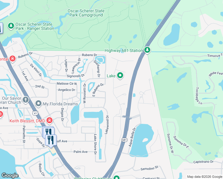 map of restaurants, bars, coffee shops, grocery stores, and more near 434 E Rossetti Dr in Nokomis