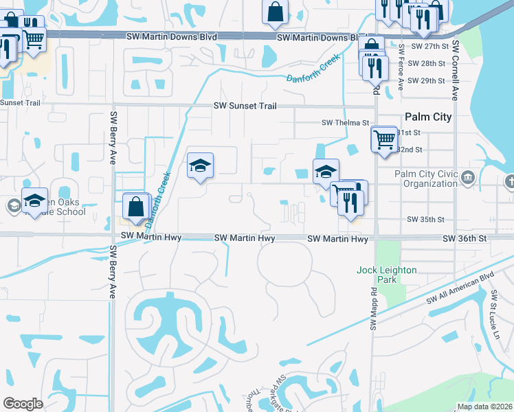 map of restaurants, bars, coffee shops, grocery stores, and more near 3389 Southwest Sawgrass Villas Drive in Palm City