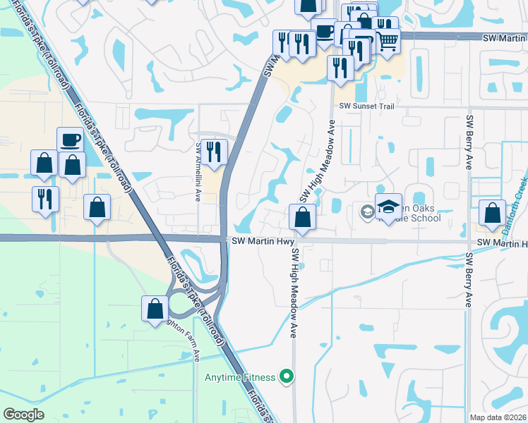 map of restaurants, bars, coffee shops, grocery stores, and more near 3371 Southwest Sunset Trace Circle in Palm City