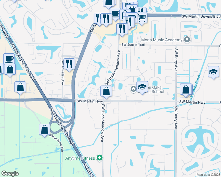 map of restaurants, bars, coffee shops, grocery stores, and more near 3395 Southwest Coco Palm Drive in Palm City