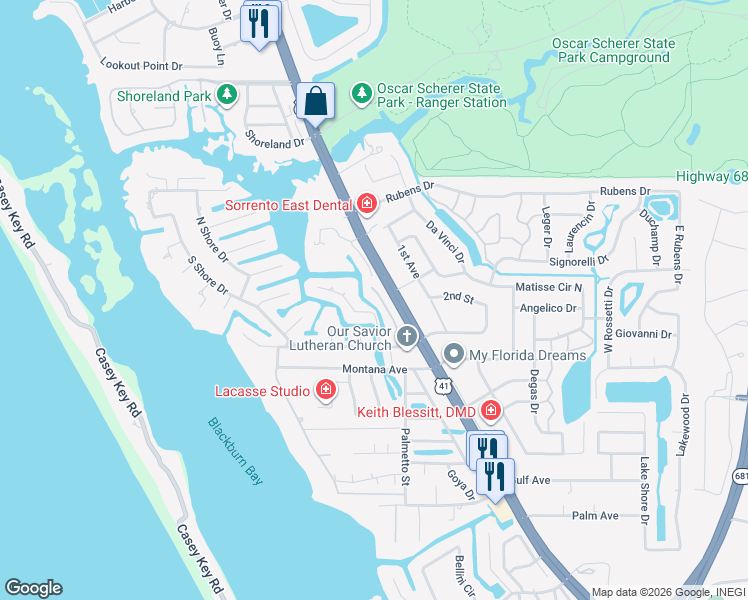 map of restaurants, bars, coffee shops, grocery stores, and more near 2275 North Tamiami Trail in Nokomis