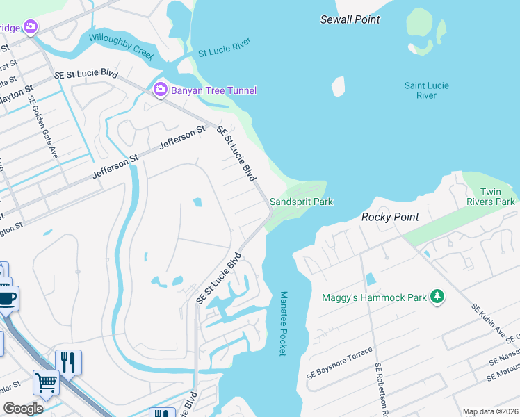 map of restaurants, bars, coffee shops, grocery stores, and more near 3370 Southeast Saint Lucie Boulevard in Stuart