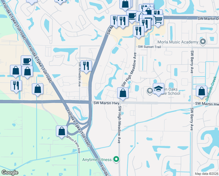 map of restaurants, bars, coffee shops, grocery stores, and more near 3393 Southwest Sunset Trace Circle in Palm City