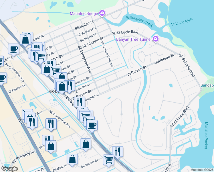 map of restaurants, bars, coffee shops, grocery stores, and more near 3274 Jefferson Street in Stuart
