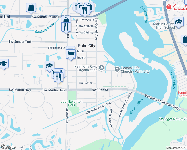 map of restaurants, bars, coffee shops, grocery stores, and more near 865 Southwest 34th Terrace in Palm City