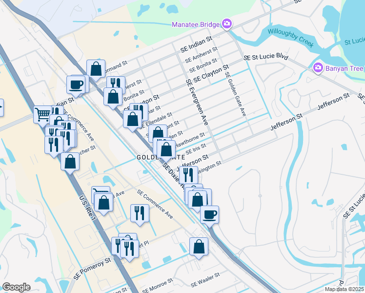 map of restaurants, bars, coffee shops, grocery stores, and more near 2904 Southeast Hawthorne Street in Stuart