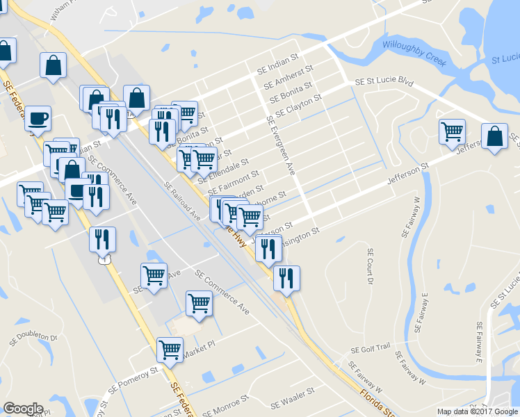 map of restaurants, bars, coffee shops, grocery stores, and more near 2904 Southeast Hawthorne Street in Stuart