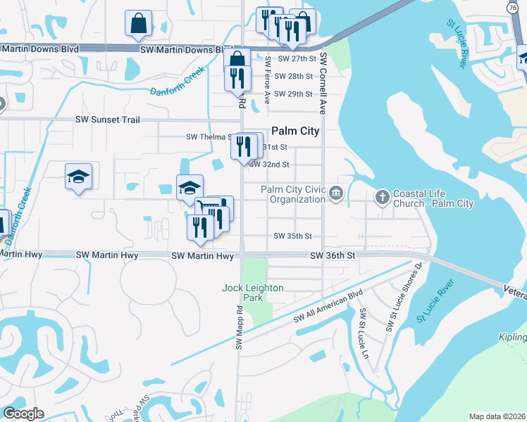 map of restaurants, bars, coffee shops, grocery stores, and more near 3426 Southwest Feroe Avenue in Palm City