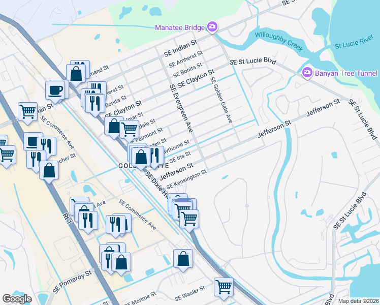map of restaurants, bars, coffee shops, grocery stores, and more near 3037 Southeast Iris Street in Stuart