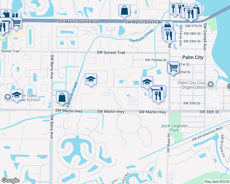 map of restaurants, bars, coffee shops, grocery stores, and more near 3389 Southwest Sawgrass Villas Drive in Palm City