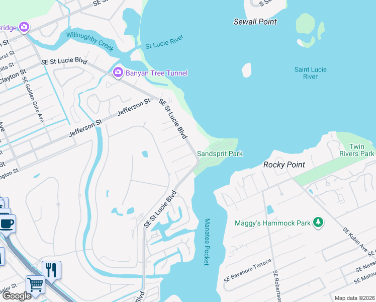 map of restaurants, bars, coffee shops, grocery stores, and more near 3370 Southeast Saint Lucie Boulevard in Stuart