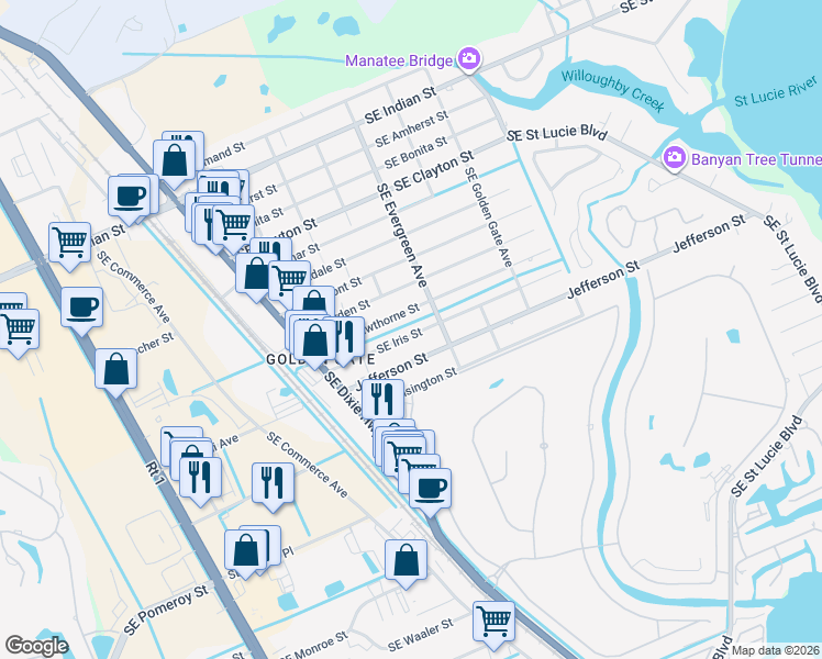 map of restaurants, bars, coffee shops, grocery stores, and more near 3037 Southeast Iris Street in Stuart