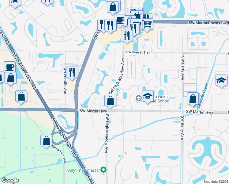 map of restaurants, bars, coffee shops, grocery stores, and more near 3395 Southwest Coco Palm Drive in Palm City