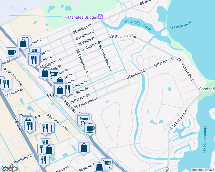 map of restaurants, bars, coffee shops, grocery stores, and more near 3293 Jefferson Street in Stuart