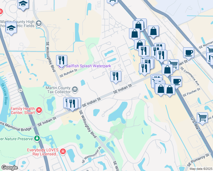 map of restaurants, bars, coffee shops, grocery stores, and more near 3400 Southeast Aster Lane in Stuart