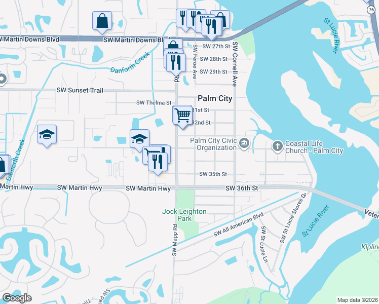 map of restaurants, bars, coffee shops, grocery stores, and more near 3426 Southwest Feroe Avenue in Palm City