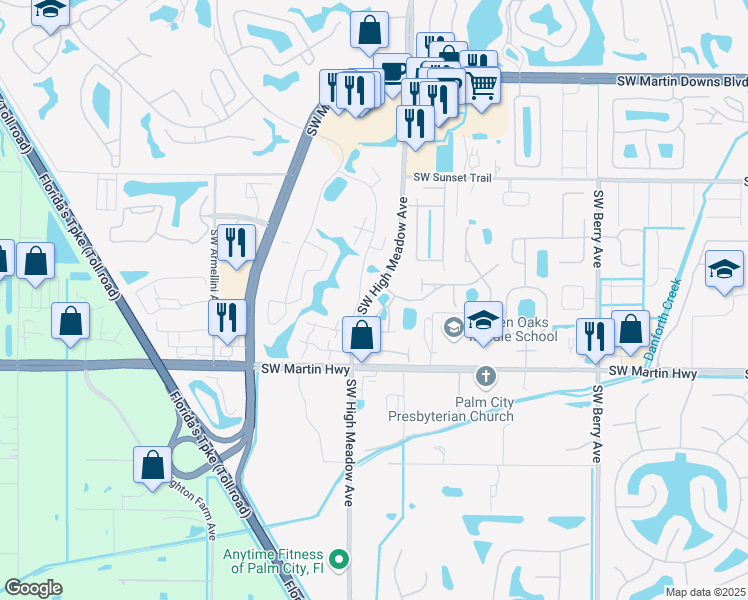 map of restaurants, bars, coffee shops, grocery stores, and more near 3395 Southwest Coco Palm Drive in Palm City