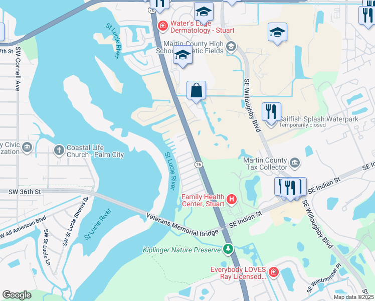 map of restaurants, bars, coffee shops, grocery stores, and more near 3488 South Kanner Highway in Stuart