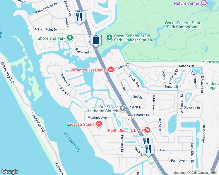 map of restaurants, bars, coffee shops, grocery stores, and more near 2301 U.S. 41 in Osprey