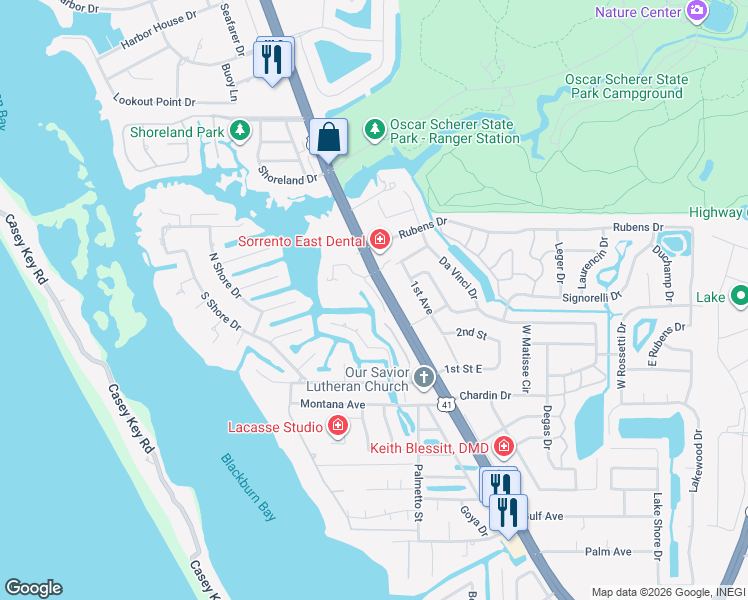 map of restaurants, bars, coffee shops, grocery stores, and more near 2301 U.S. 41 in Osprey