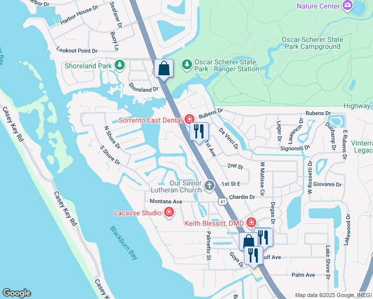 map of restaurants, bars, coffee shops, grocery stores, and more near 2305 Jessie Harbor Drive in Osprey