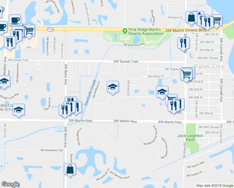 map of restaurants, bars, coffee shops, grocery stores, and more near 2716 Southwest Newberry Court in Palm City