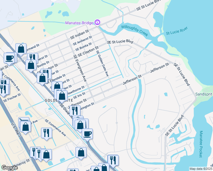 map of restaurants, bars, coffee shops, grocery stores, and more near 3277 Southeast Iris Street in Stuart