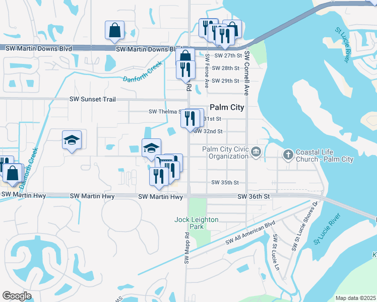 map of restaurants, bars, coffee shops, grocery stores, and more near 3290 Southwest Mapp Road in Palm City