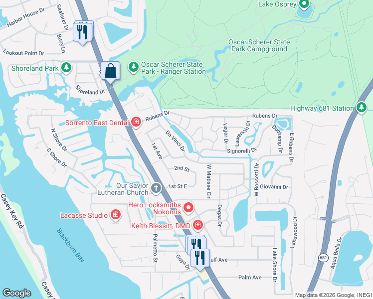 map of restaurants, bars, coffee shops, grocery stores, and more near 141 Da Vinci Drive in Nokomis