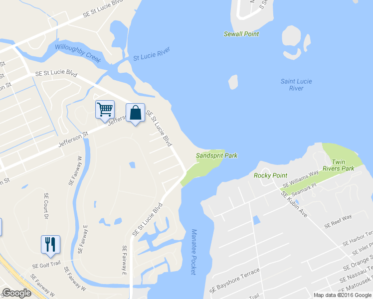 map of restaurants, bars, coffee shops, grocery stores, and more near 3355 SE St Lucie Blvd in Stuart