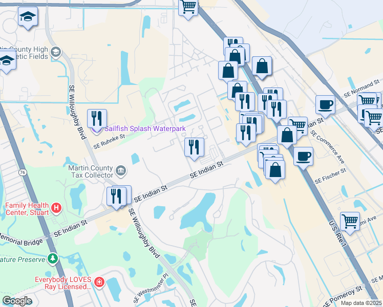 map of restaurants, bars, coffee shops, grocery stores, and more near 3401 Southeast Aster Lane in Stuart