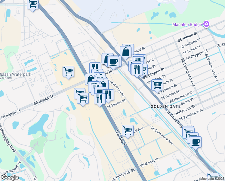 map of restaurants, bars, coffee shops, grocery stores, and more near 3601-3699 SE Commerce Ave in Stuart