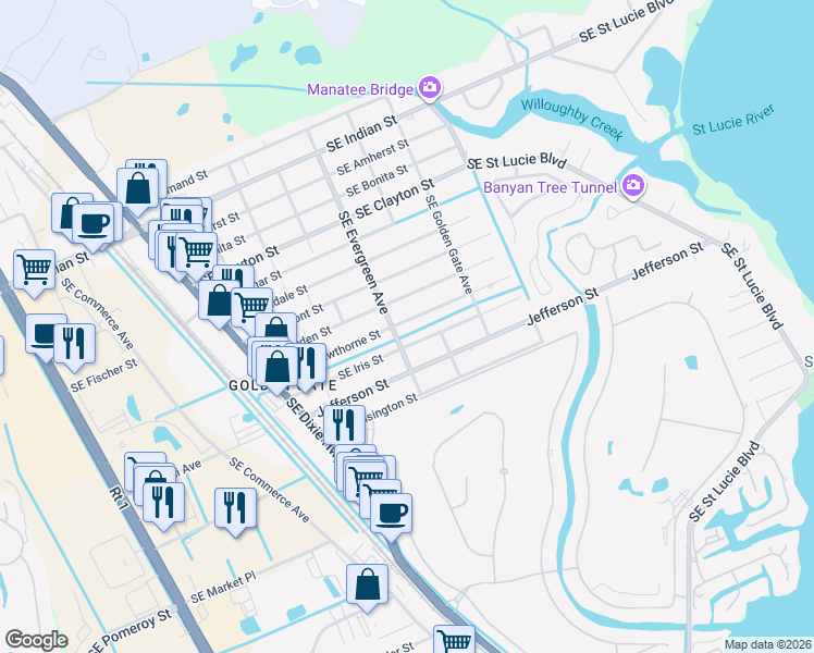 map of restaurants, bars, coffee shops, grocery stores, and more near 3161 Southeast Hawthorne Street in Stuart