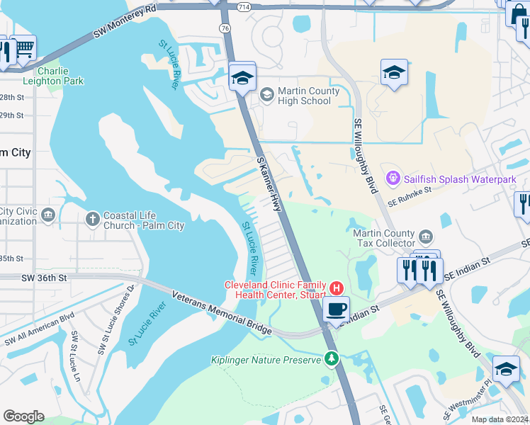 map of restaurants, bars, coffee shops, grocery stores, and more near 3300 South Kanner Highway in Stuart