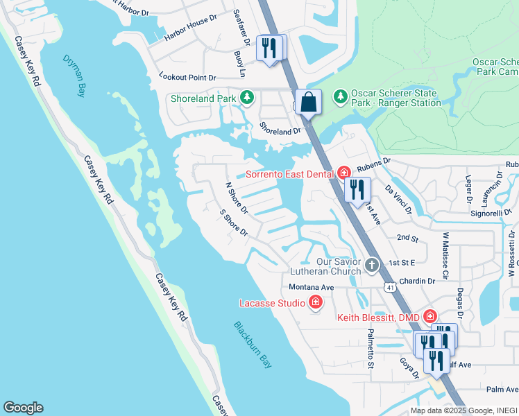 map of restaurants, bars, coffee shops, grocery stores, and more near 363 Michelangelo Drive in Osprey