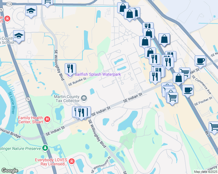 map of restaurants, bars, coffee shops, grocery stores, and more near 1250 Southeast Parkview Place in Stuart