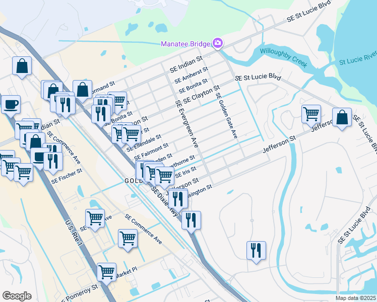 map of restaurants, bars, coffee shops, grocery stores, and more near 3256 Southeast Evergreen Avenue in Stuart