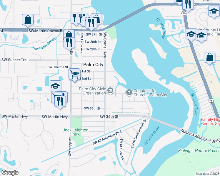 map of restaurants, bars, coffee shops, grocery stores, and more near 778 Southwest 33rd Street in Palm City
