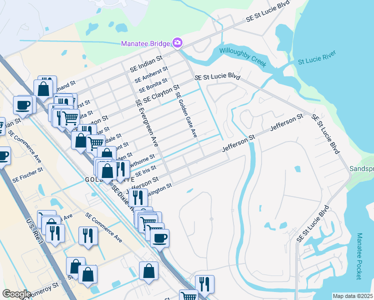map of restaurants, bars, coffee shops, grocery stores, and more near 3277 SE Iris St in Stuart