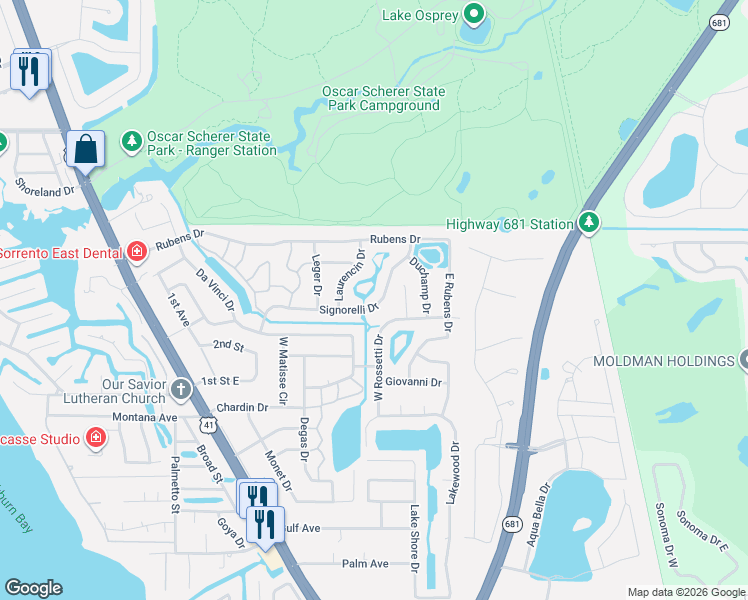 map of restaurants, bars, coffee shops, grocery stores, and more near 407 Signorelli Drive in Nokomis