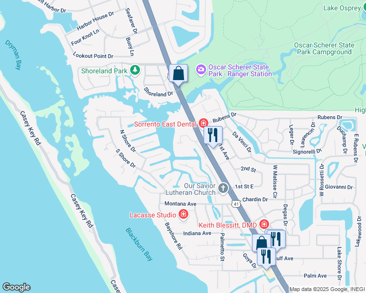 map of restaurants, bars, coffee shops, grocery stores, and more near 7102 Jessie Harbor Drive in Osprey