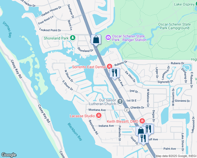 map of restaurants, bars, coffee shops, grocery stores, and more near 7204 Jessie Harbor Drive in Osprey