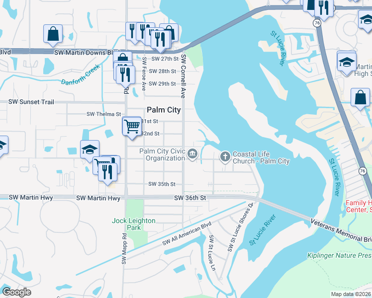 map of restaurants, bars, coffee shops, grocery stores, and more near 778 Southwest 33rd Street in Palm City
