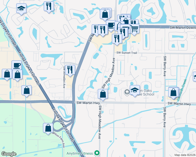 map of restaurants, bars, coffee shops, grocery stores, and more near 3525 Southwest Sunset Trace Circle in Palm City
