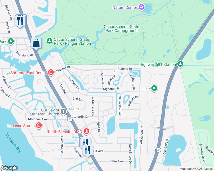 map of restaurants, bars, coffee shops, grocery stores, and more near 463 Laurencin Drive in Nokomis