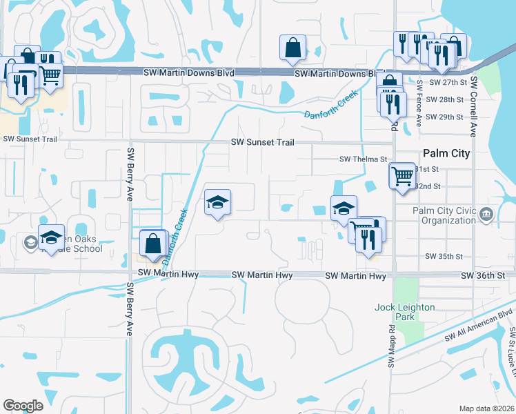 map of restaurants, bars, coffee shops, grocery stores, and more near 2806 Southwest Newberry Court in Palm City