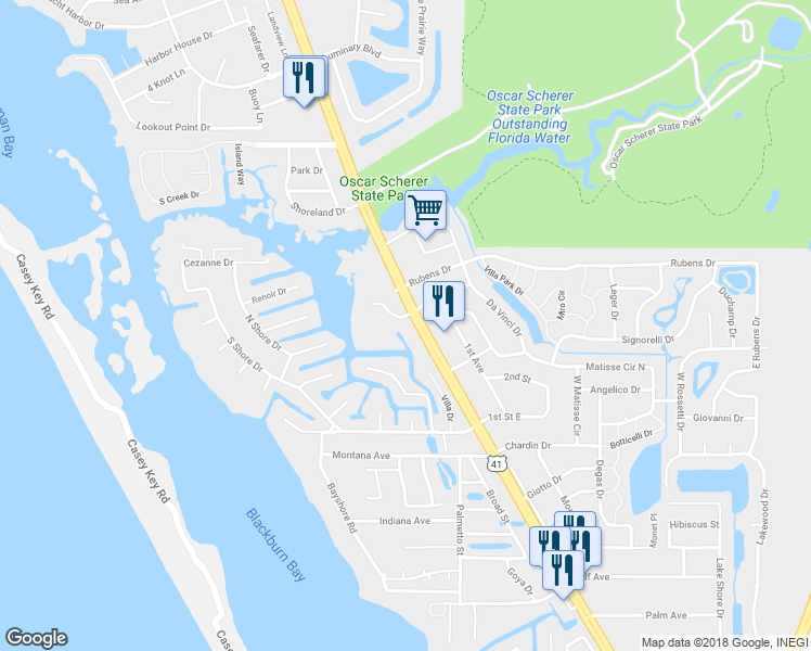 map of restaurants, bars, coffee shops, grocery stores, and more near 2301 U.S. 41 in Osprey