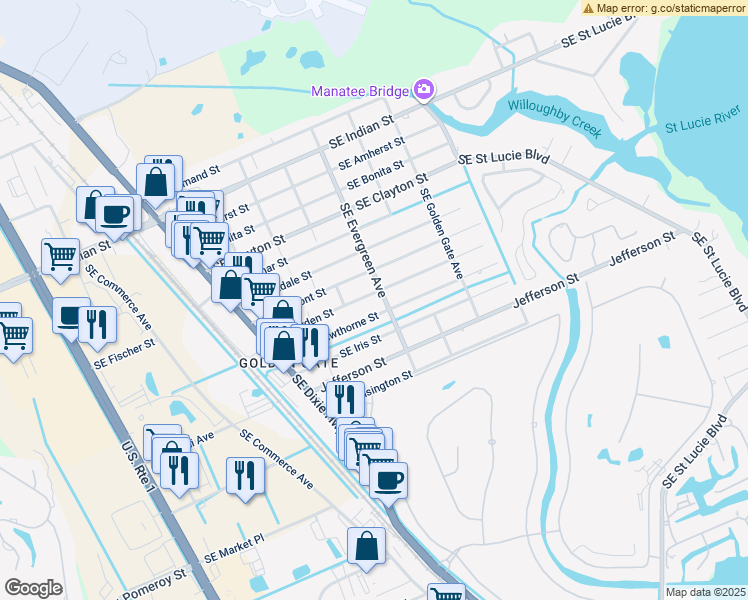 map of restaurants, bars, coffee shops, grocery stores, and more near 3256 Southeast Evergreen Avenue in Stuart