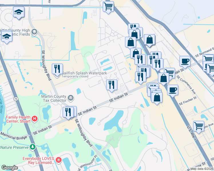 map of restaurants, bars, coffee shops, grocery stores, and more near 3302 Southeast Aster Lane in Stuart